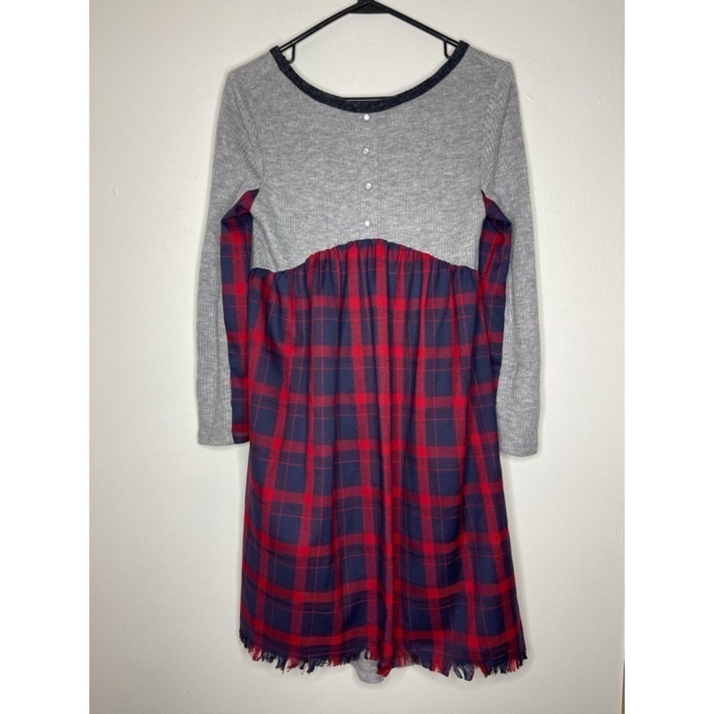 Anthropologie THML Grey Red Blue Plaid 3/4 Sleeve Dress - Picture 4 of 6